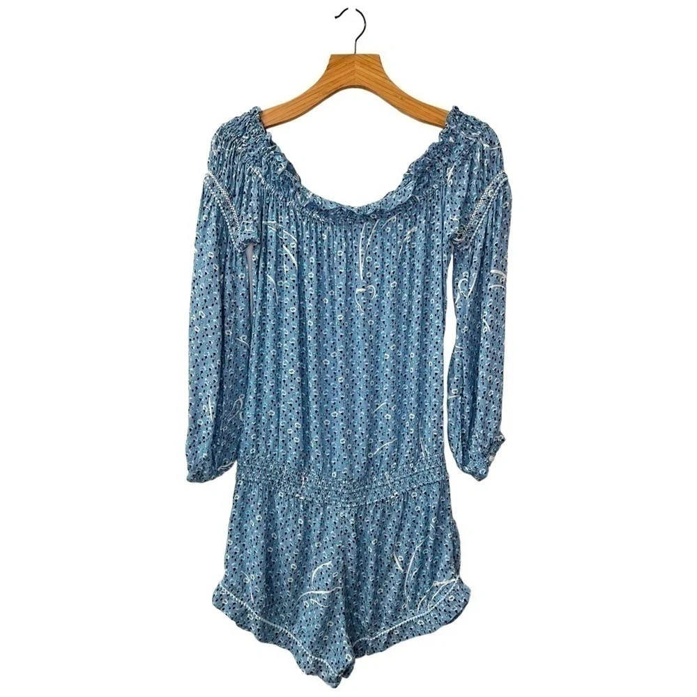 Poupette St. Barth Short Jumpsuit Clara Off Shoulder Blue Geo Flower Print L